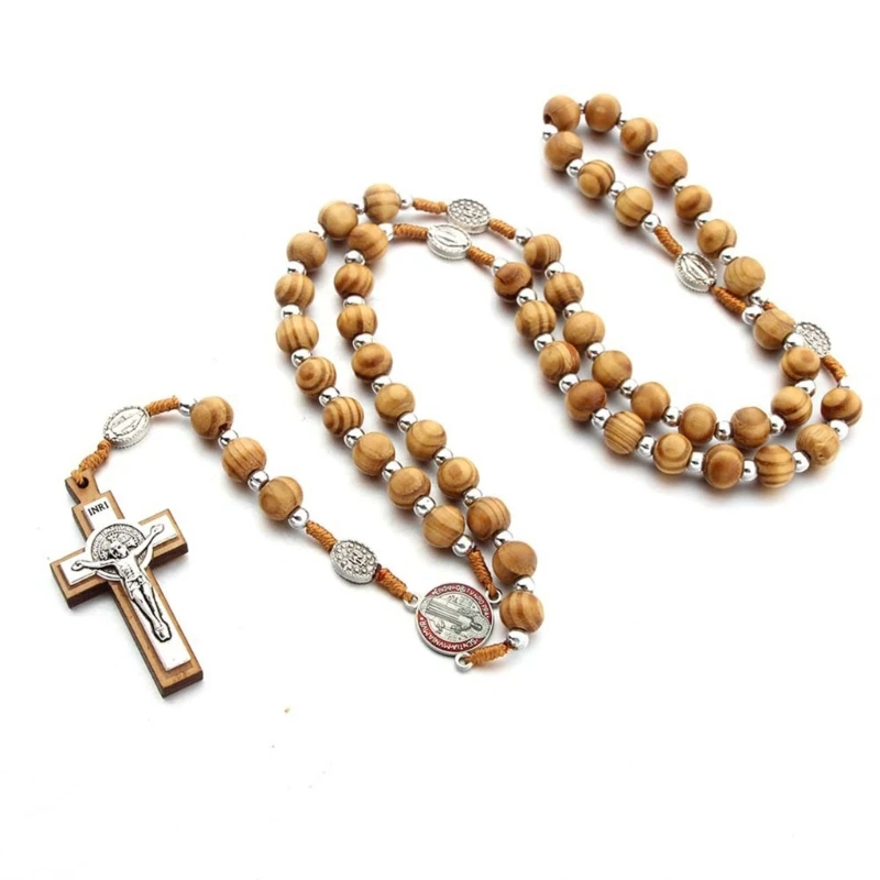 Handmade Wood Catholic Rosaries Necklaces Rosary Beads Christian Prayer Cross Pendant Necklaces for Men Women Jewelry