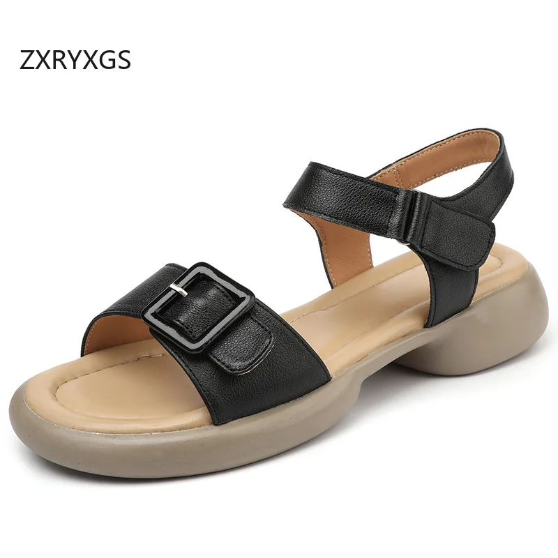 ZXRYXGS Superior Cowhide Open Toe Sandals Roman Shoes 2024 Large Size Low Heels Soft Comfortable Sandals Women Leather Sandals