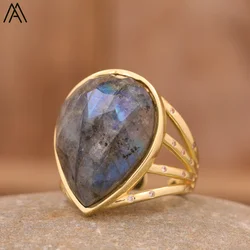 Luxury Teardrop Labradorite Finger Ring Women Classic Natural Stone Gold Adjustable Ring Lady Party Anniversary Wedding Jewelry