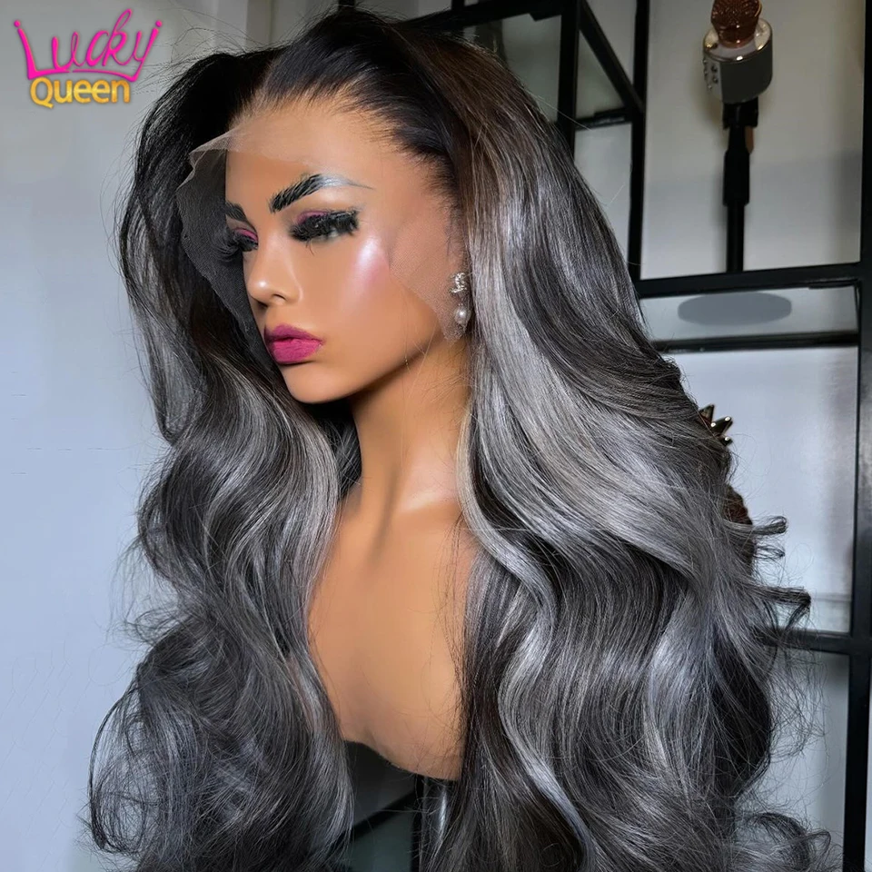 Wig rambut manusia Wig renda depan sorot abu-abu untuk wanita Wig rambut manusia pra pencabutan dengan rambut tubuh bayi transape Lace rambut manusia