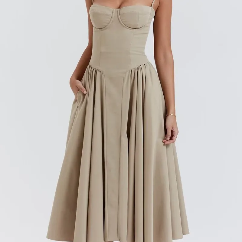 HOUZHOU Khaki Midi Dresses Elegant Chic Women Holiday Party Dress Vintage Sexy Pleated Sleeveless Casual Long Dress Backless