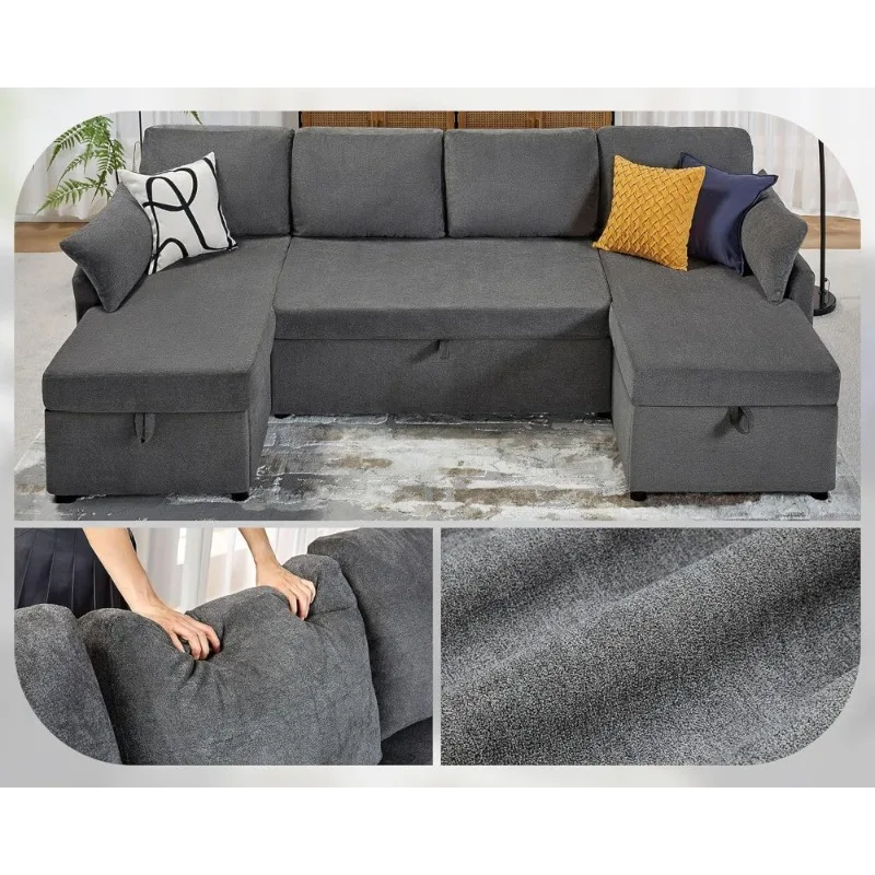 Oversized Sleeper Sofa 110 Inch 2 in 1 Pull Out Bed Sectional Couch with Storage Chaise Grey Linen