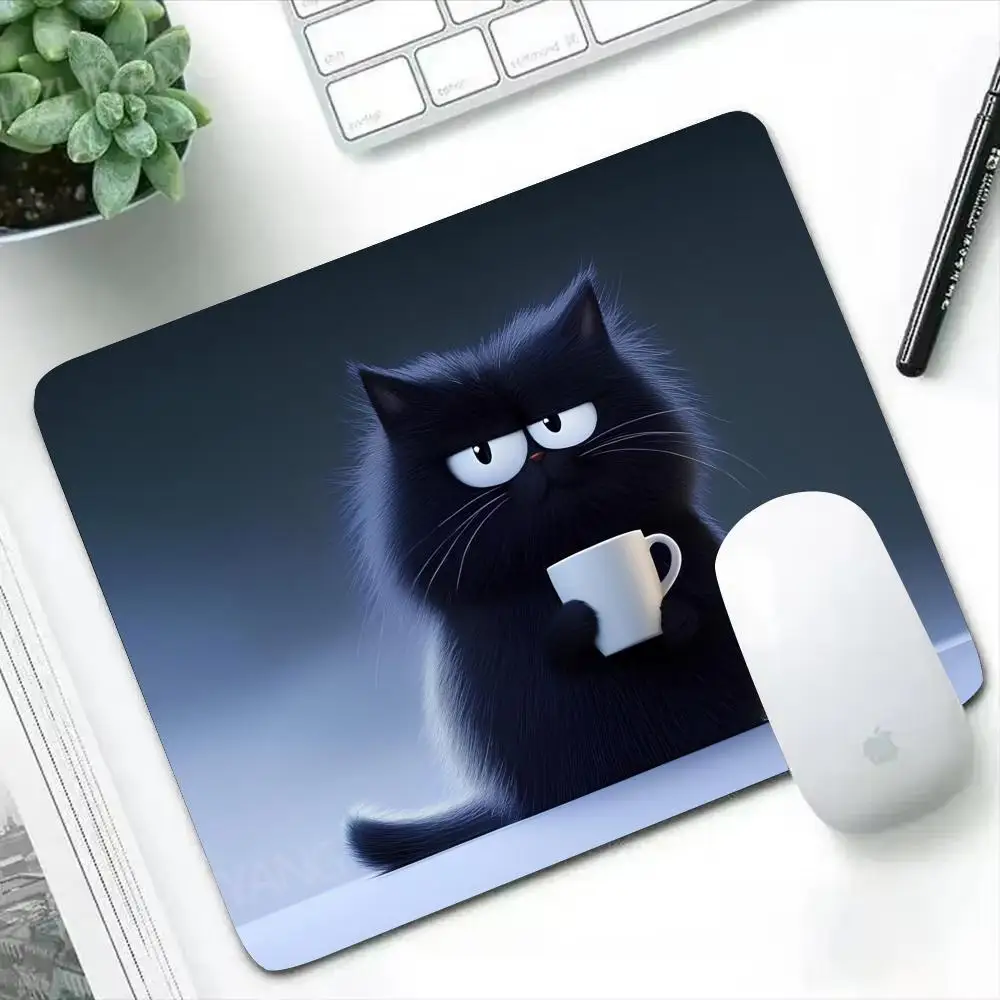 Fun Black Cat Hot Drink Printed Mouse Pad Square Office Game Computer Table Mats HD Rubber Anti-slip Mousepads Small Desk Pads