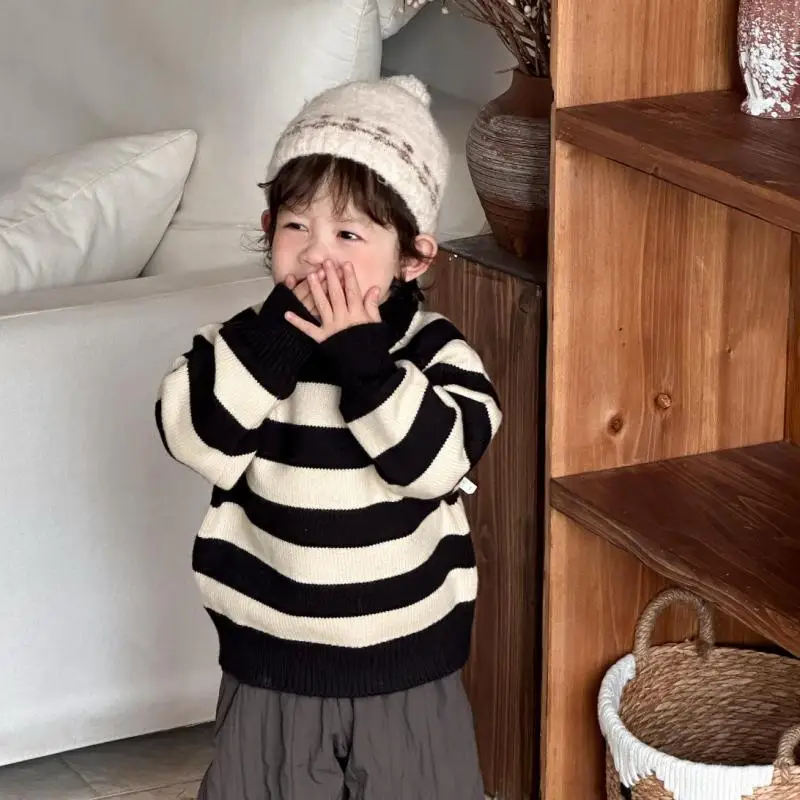 

2025 Winter New Baby Long Sleeve Knit Sweater Boys Girls Striped Sweater Infant Thick Warm Clothes Toddler Casual Pullover