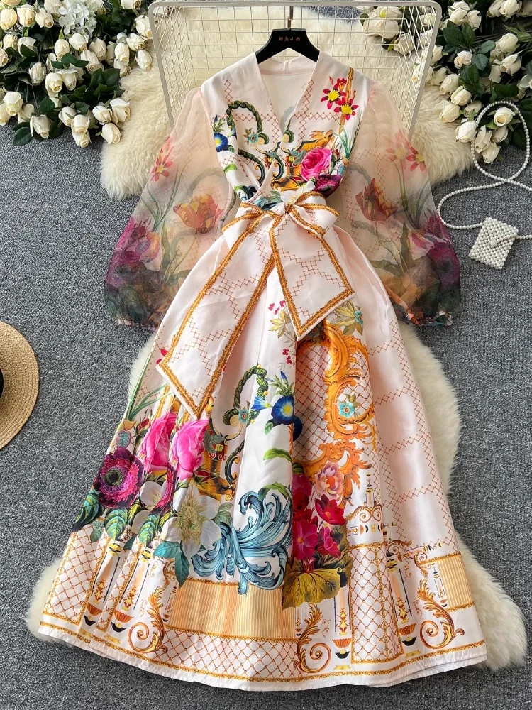 Spring France Elegant Vintage Palace Evening Dress Women Print Sashes Mesh Long Party Dress Female Casual Holiday Clothing New