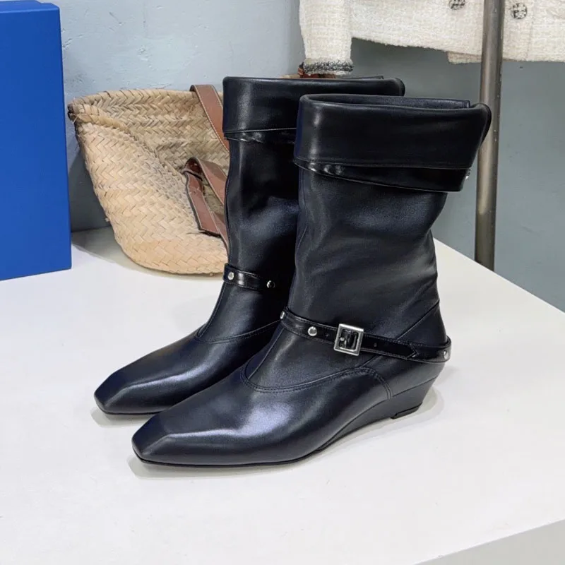 High Quality Genuine Leather Fashion Wedges Ankle Boots Woman Slouch Boots Chelsea Boots Belt-buckle Decora Shoes