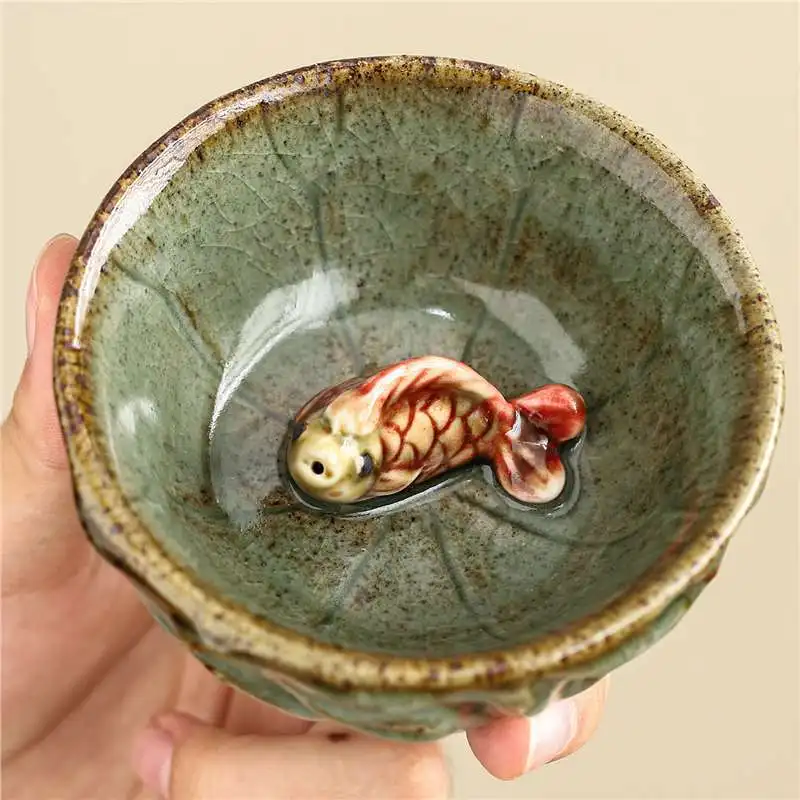 Wood Fired Shino Teacup Fish Pattern Rough Clay Master Cup Birthday Gift For Men Chinese Traditional Tea Ceremony Drinkware
