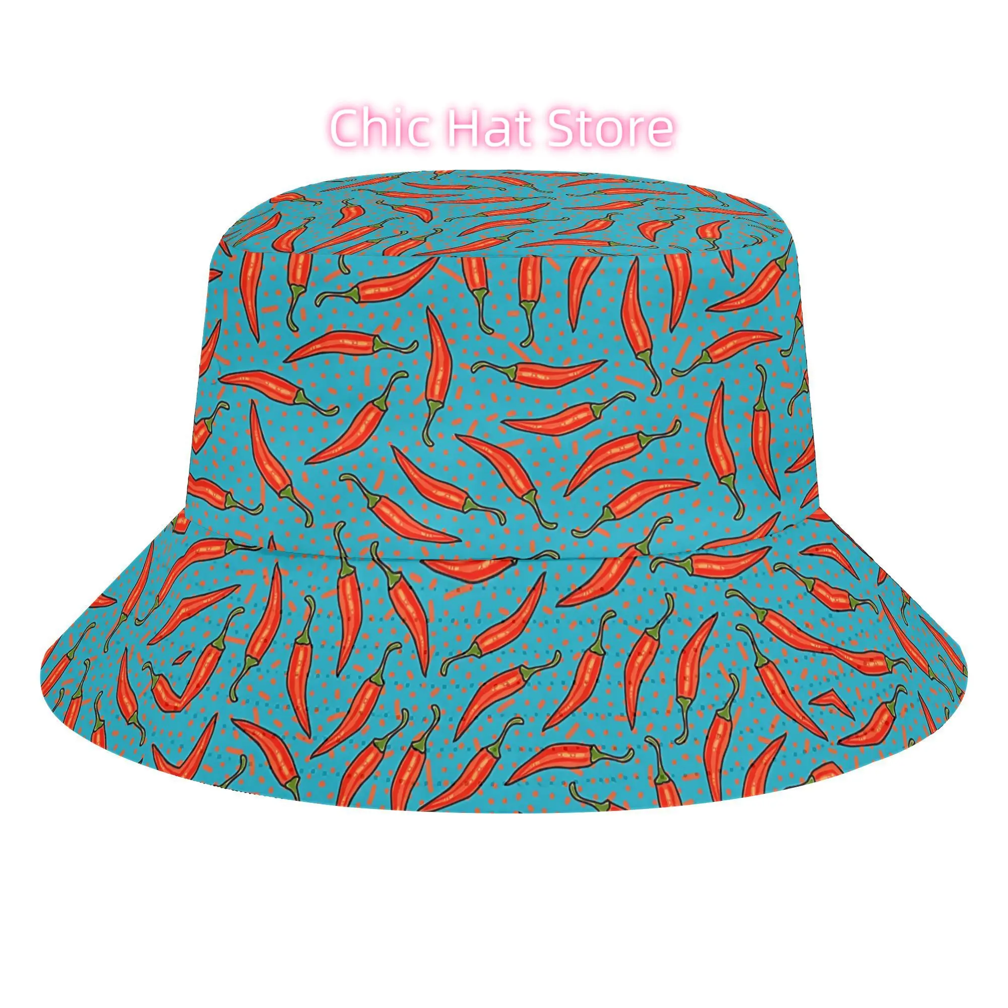 1pc Mexican Chili Pepper Bucket Hat - Turquoise Blue with Red Chili Print, Wide Brim, Unisex Adjustable for &, Hiking, Beach, Me