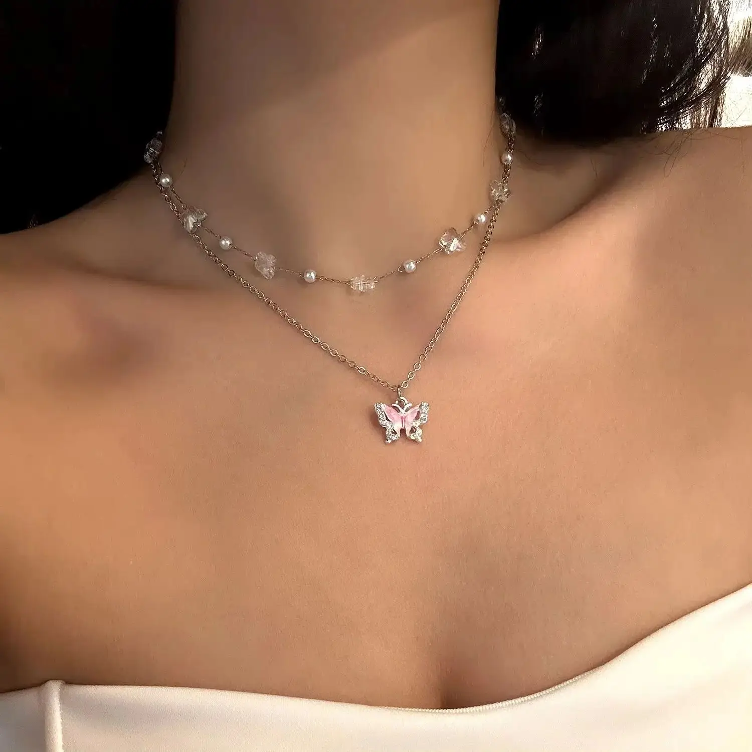 

Double Layer Imitation Pearl Butterfly Clavicle Necklaces for Women Zircon Shell Choker Chains Anklet Beach Party Jewelry Gift