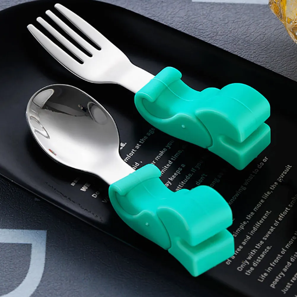 

1Set Baby Spoon and Fork Set Toddler Utensil Short Handle Stainless Steel Food Grade Silicone Training Tableware for Kids Baby