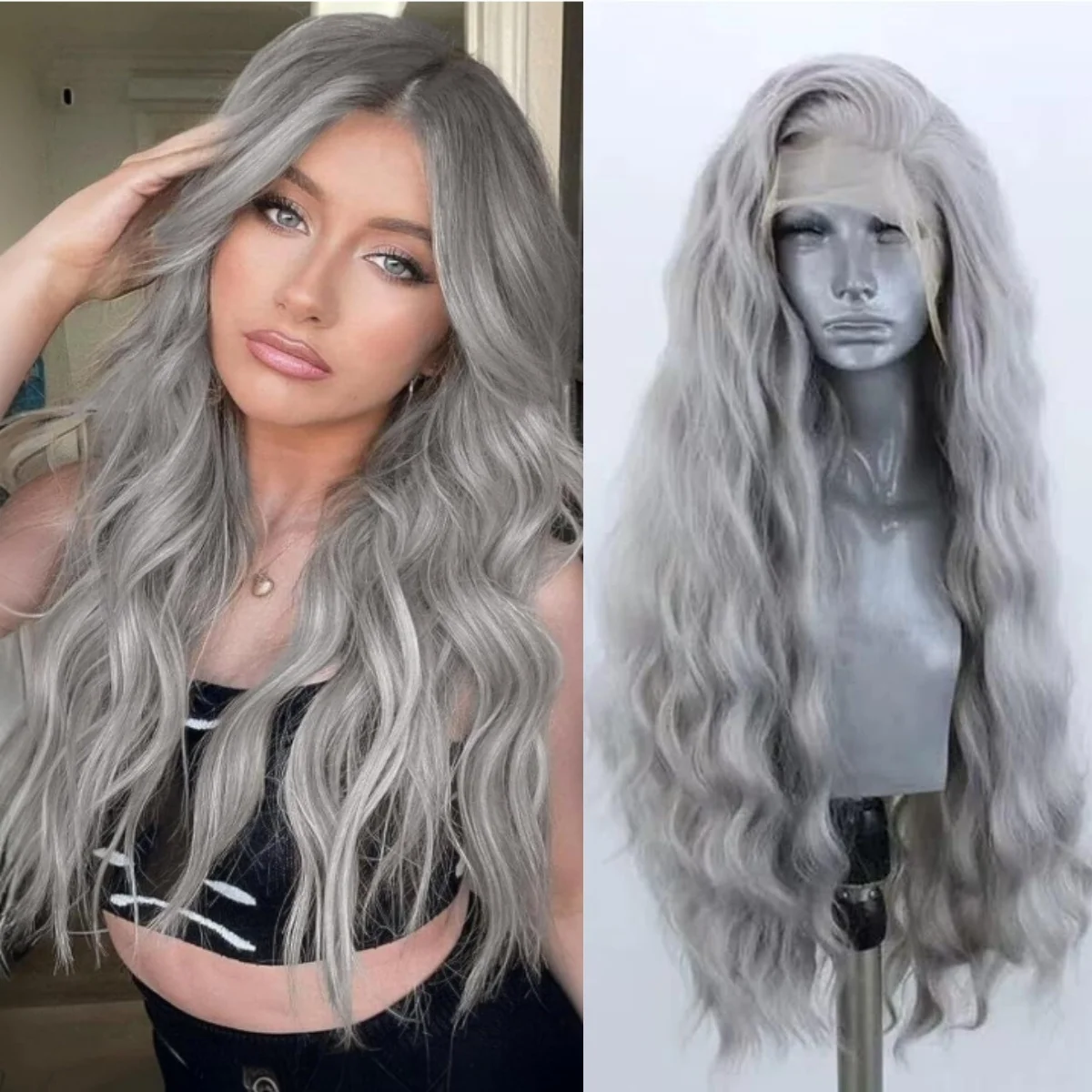 Серебристо-серый/блонд/розовый парик 30-дюймовый средний парик с объемной волной, кружевной фронтальный парик, натуральная линия волос, синтетический термостойкий для женщин