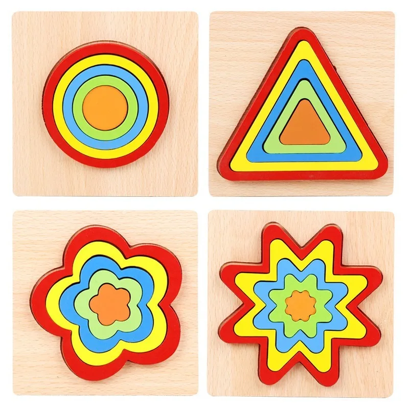 

High Quality Colorful 3D Wooden Geometric Shapes Cognition Puzzles Board Math Game Montessori Learning Educational For Kids Toys