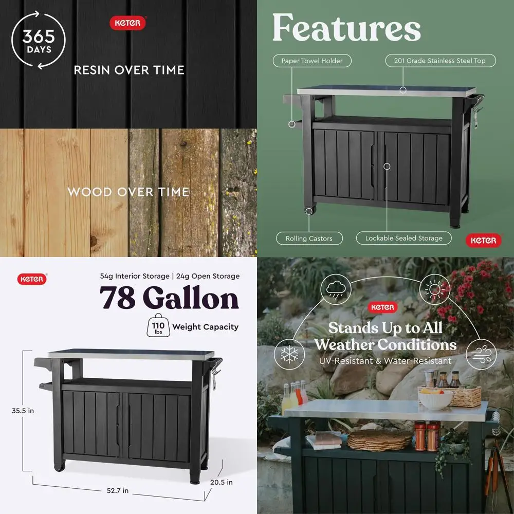 Portable Outdoor Kitchen Prep Table with Stainless Steel Top and Storage Cabinet for Grilling, Dark Grey