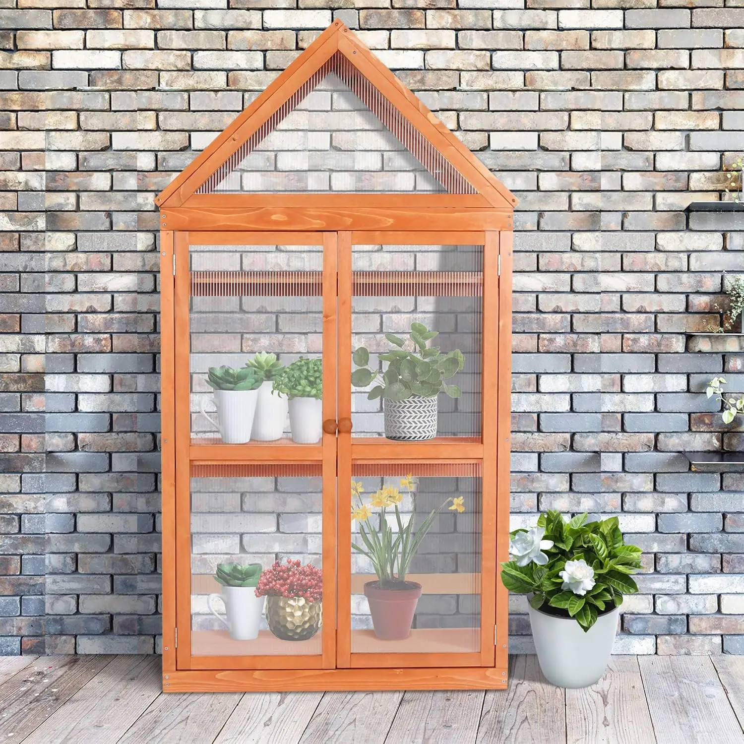 Greenhouse Cold Frame Wooden Garden Raised Flower Planter Shelf with Hard Translucent PC Protection, 0800 (Orange)