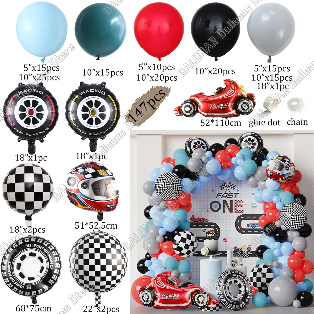 147Pcs Racing Car Theme Balloon Garland Arch Kit Checkered Car   Wheel Foil Balloon Boy's Birthday Party Baby Shower Decoration