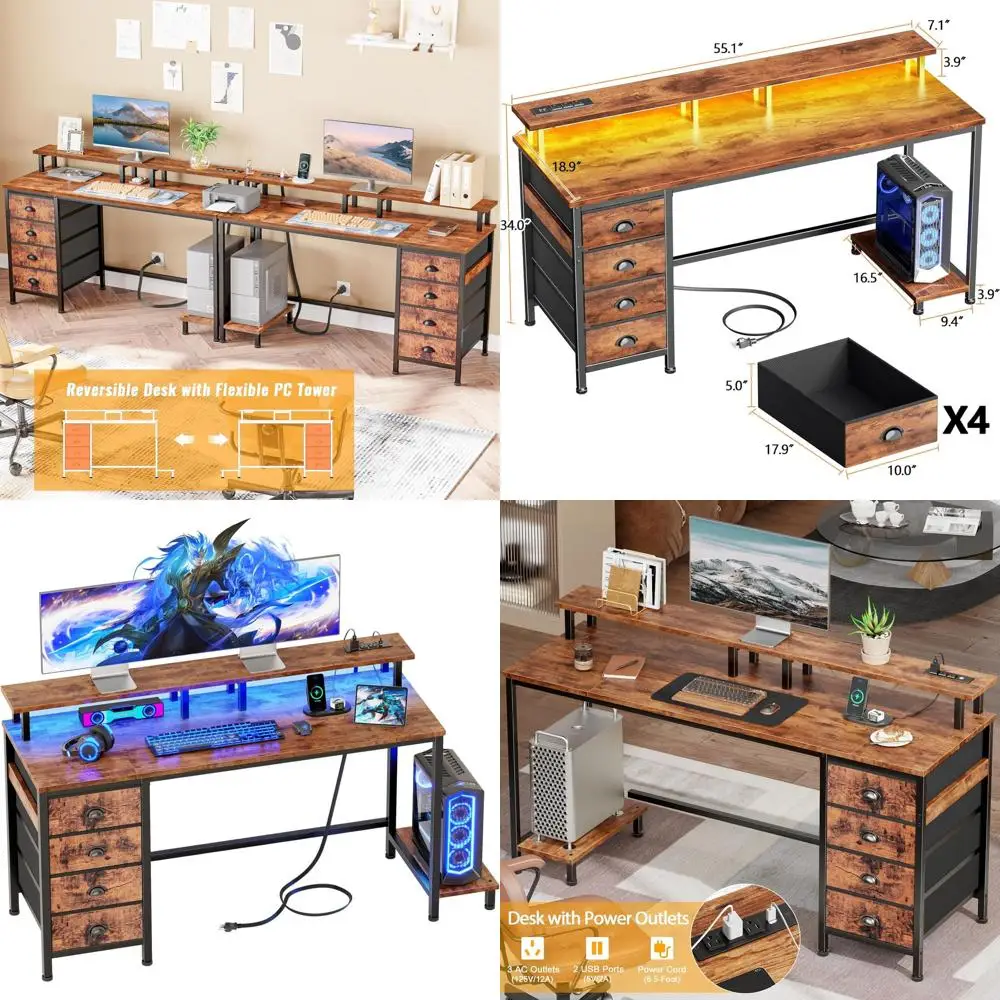 Escritorio para juegos marrón rústico 55 con 4 cajones, tomas de corriente, luces LED y soporte para monitor para oficina en casa compacta