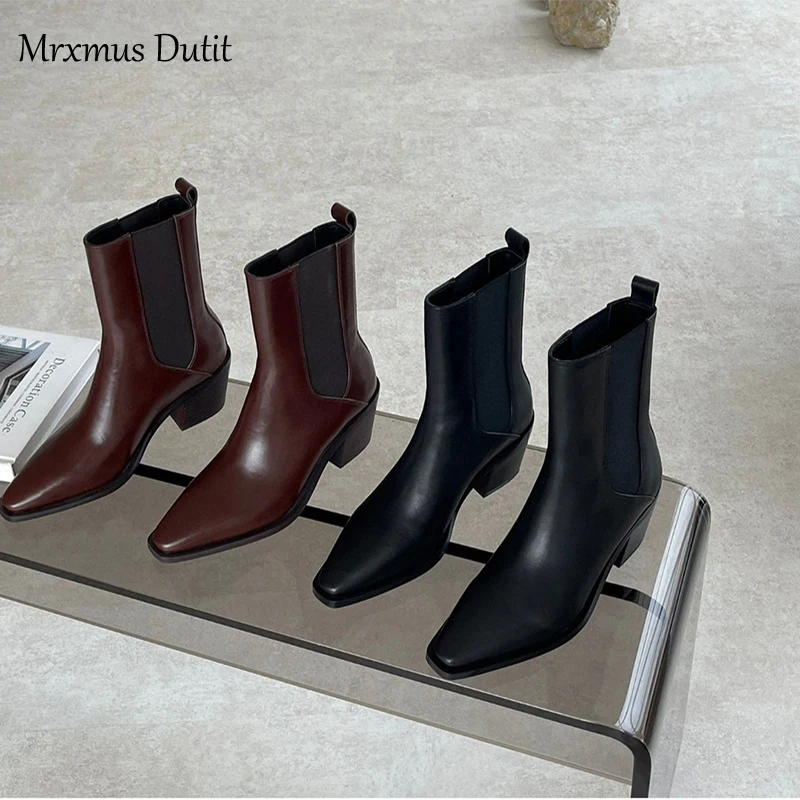 Mrxmus Dutit 2024 Autumn Winter New Women Genuine Leather Pointed Toe Rough Heel Fashion Boots Solid Simple Shoes Female Chic