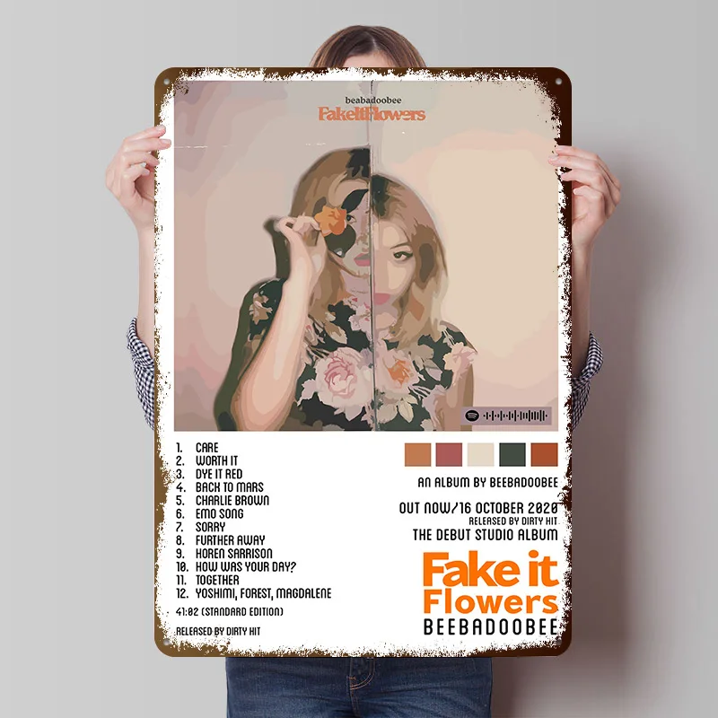 Beabadoobee Fake It Flowers Printing Poster Customized Retro Wall Art Vintage Metal Signs for Decoration Bedroom Desk Decor Room