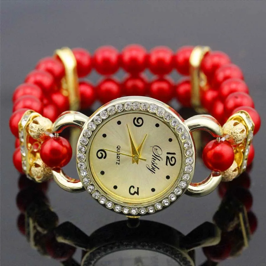 Shsby New Women\'s Rhinestone Quartz Analog Bracelet Wrist Watch Lady Dress Watches With Colorful Pearls