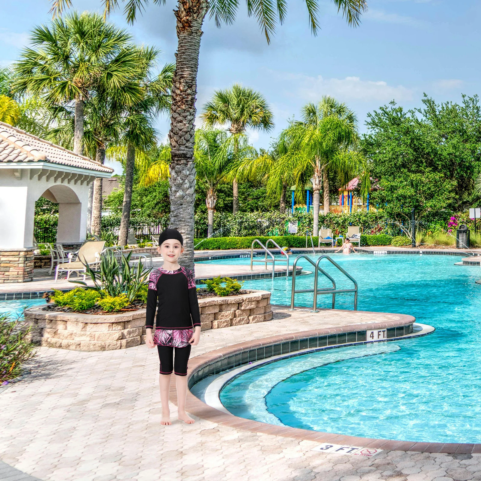 

Modest Swimwear Kit 150Cm Black Polyamide Spandex Blend Comfortable Full Coverage Swim Suit for Summer Beach Activities