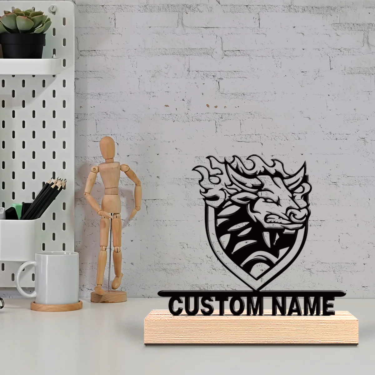 1pc Fun Personalized Custom Bull head shield Metal Art With Wooden Base Tabletop Decoration Farmhouse Wall Decor with Wooden Fr