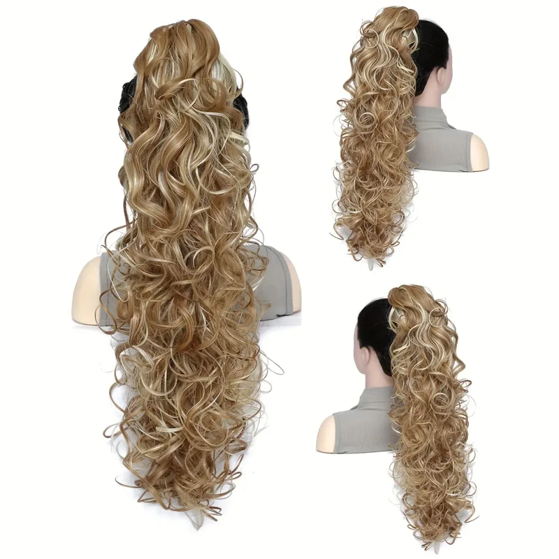 Heat-Resistant Curly Wig with Ponytail Extension | Synthetic, Multi-Color Brown & Blonde Waves, Elastic Wig for Women