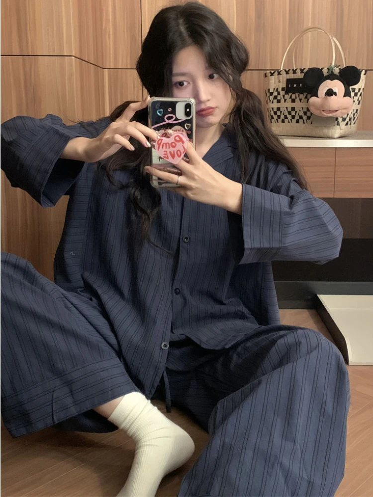 Pajama Sets Women Striped Daily Korean Style Cozy Leisure Home Wear Autumn Long-sleeve Ladies Loose Fashion Casual Basic Retro