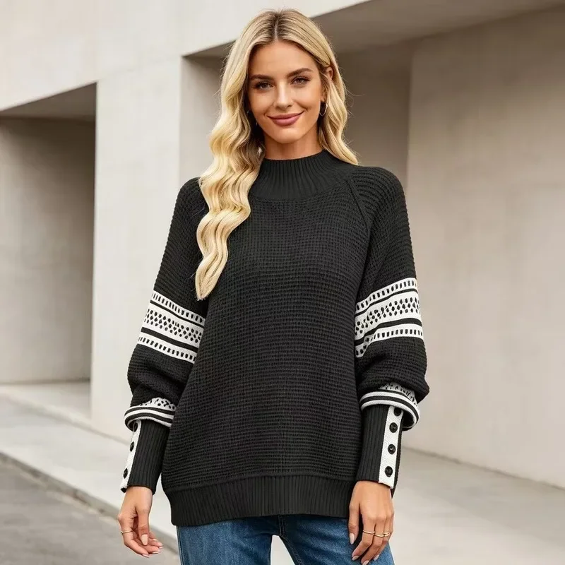 Waffle Knit Sweater Women Contrast Trim Geometric Sleeve Button Cuffs Long Sleeve Pullover Casual Fashion Style 2026 New