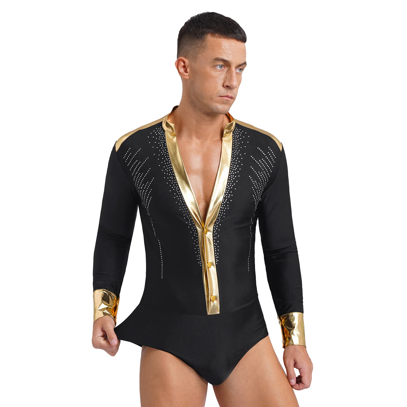 Men Figure Skating Leotard Shiny Rhinestones Jumpsuits Deep V Neck Stand Collar Long Sleeve Metallic Patchwork Sport Competition