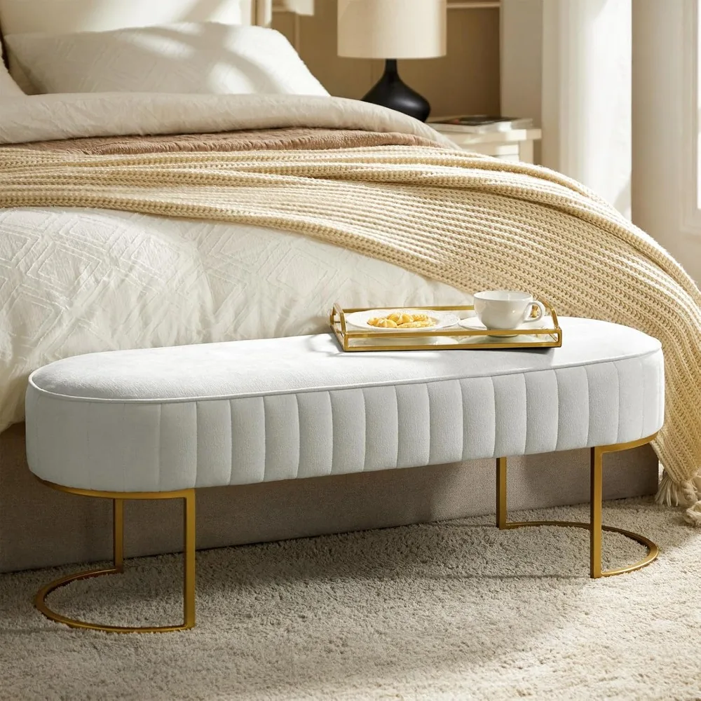 Banco tapizado de terciopelo de 46" - Otomana y reposapiés dorados para dormitorio y sala de estar