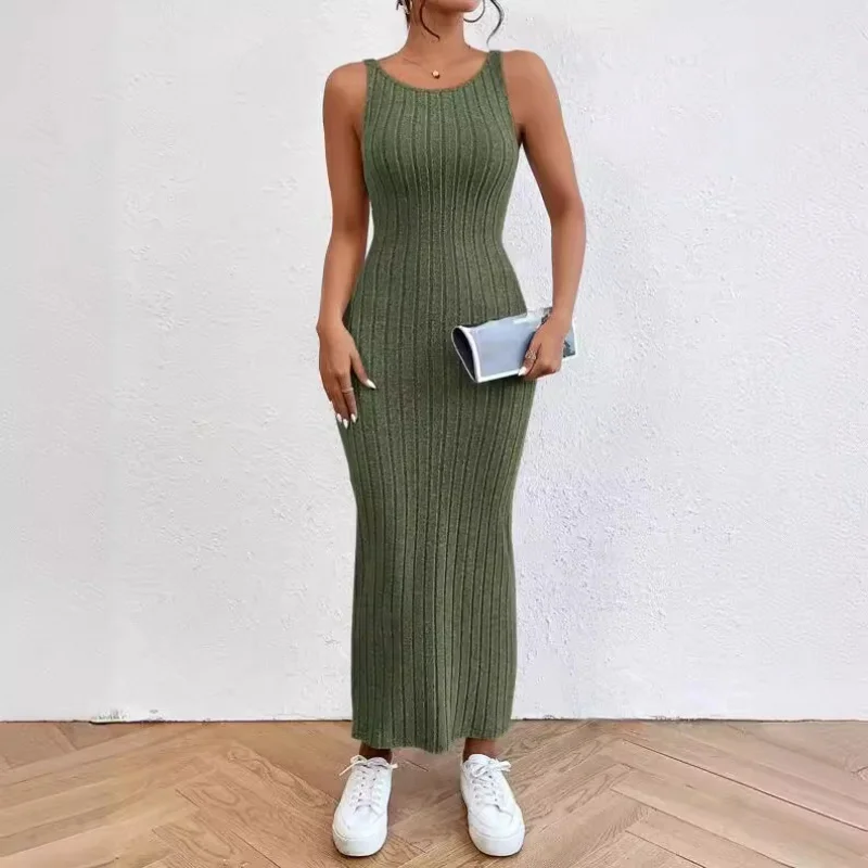 

S32141Spring and Summer New Sleeveless Sling Long Dress Sexy Sheath and Fitted Waist Knitted Dress