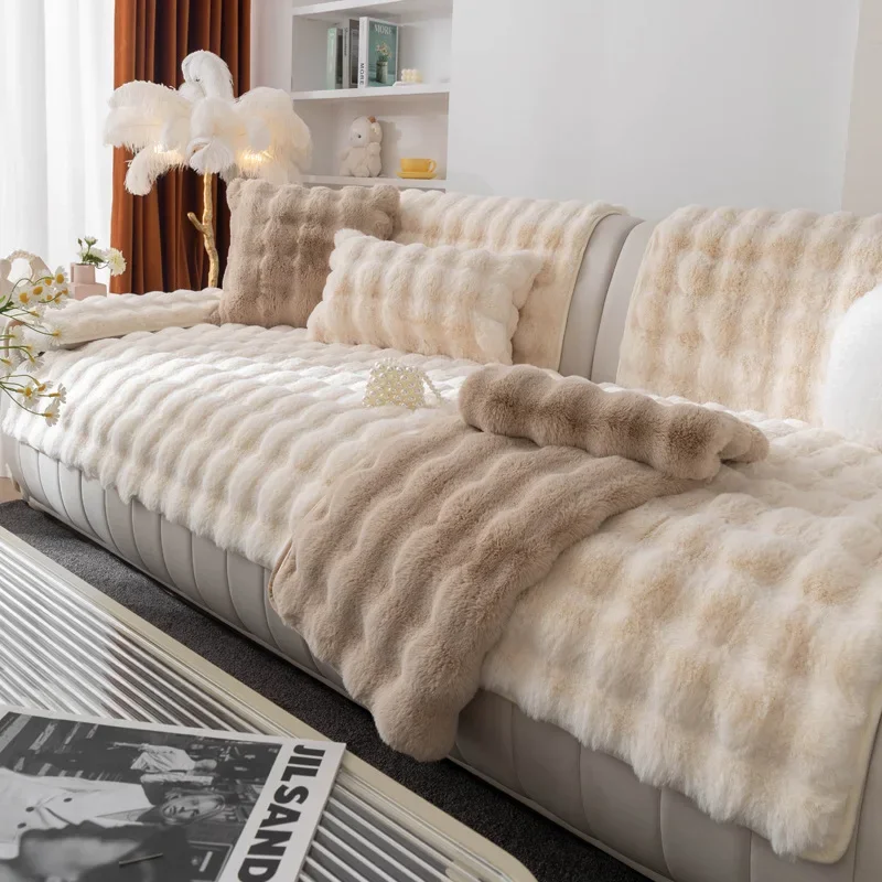 Gradient Bubble Rabbit Plush Sofa Cushion Four Season Universal Non Slip Sofa Cover Couch Protector for Living Room Home Decor