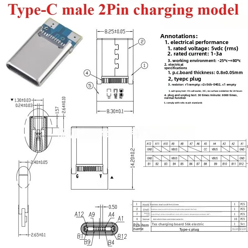 5pcs USB 3.1 Type-C Connector 24 Pins Male / Female Socket Receptacle Adapter to Solder Wire & Cable 24 Pins Support PCB Board
