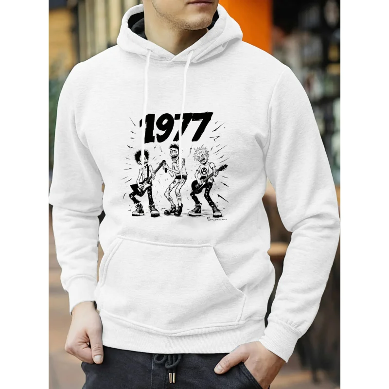 سترة رجالية بغطاء للرأس باللون الأبيض 1977 بطباعة كرتونية عالية الجودة من القطن ملابس غير رسمية للارتداء اليومي ومعجب الموسيقى