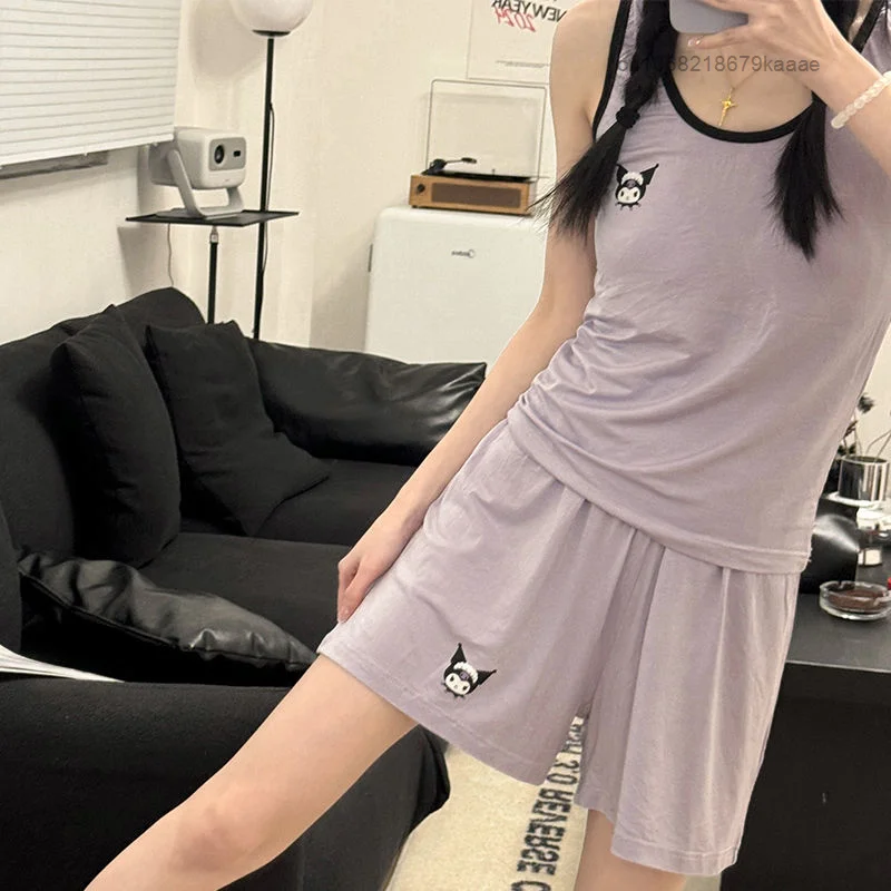 Sanrio Kuromi Home Clothes Cotton Padded Pajamas For Women Cute Summer Tank Top Shorts 2 Piece Set Cartoon Sleepwear Suit Y2k