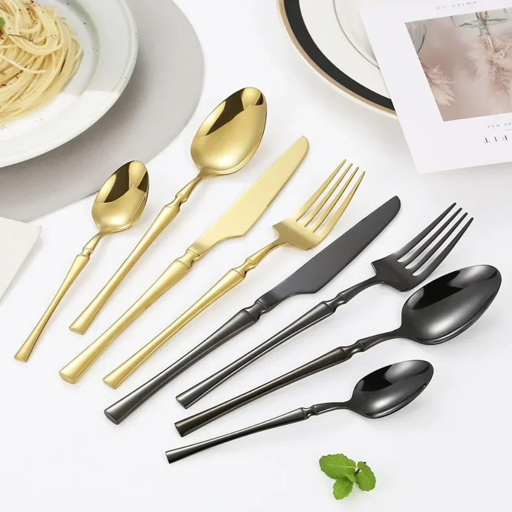 24pcs Upscale Gold Dinnerware Set Stainless Steel Tableware Knife Fork Coffee Spoon Safe Dinner Cutlery Gift Flatware Dishwasher