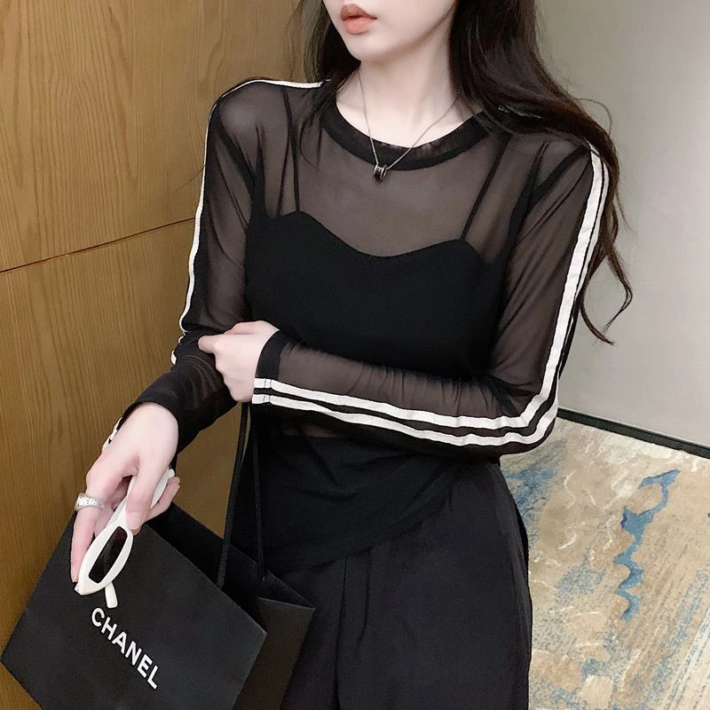 Y2K Sheer Sun-Proof Shirts Women Striped Long Sleeve T Shirts Streetwear See Through Mesh Blouses Korean Sun Protection Tops New