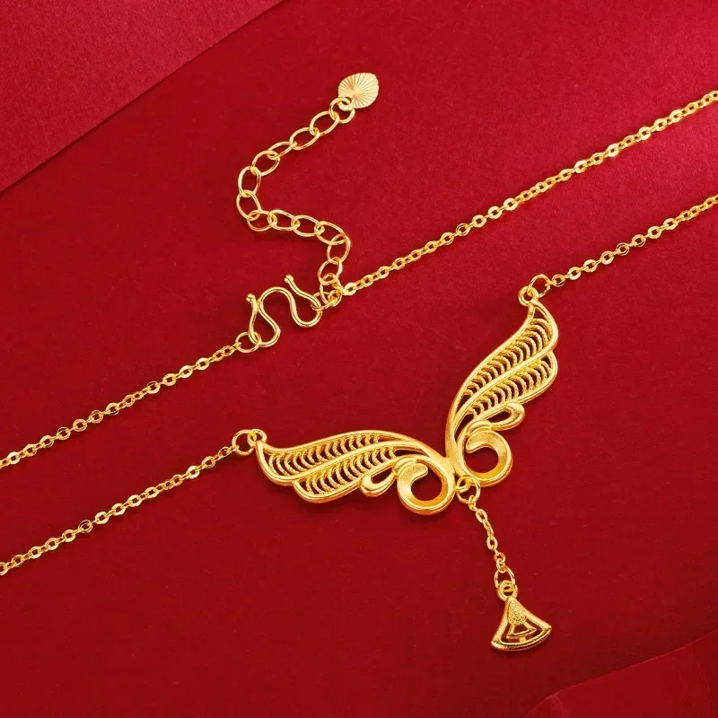 

9999 Real Gold 24K Niche Design Sense Gold Hollow Angel Wings Collarbone Necklace Temperament Advanced Sense Necklace Female