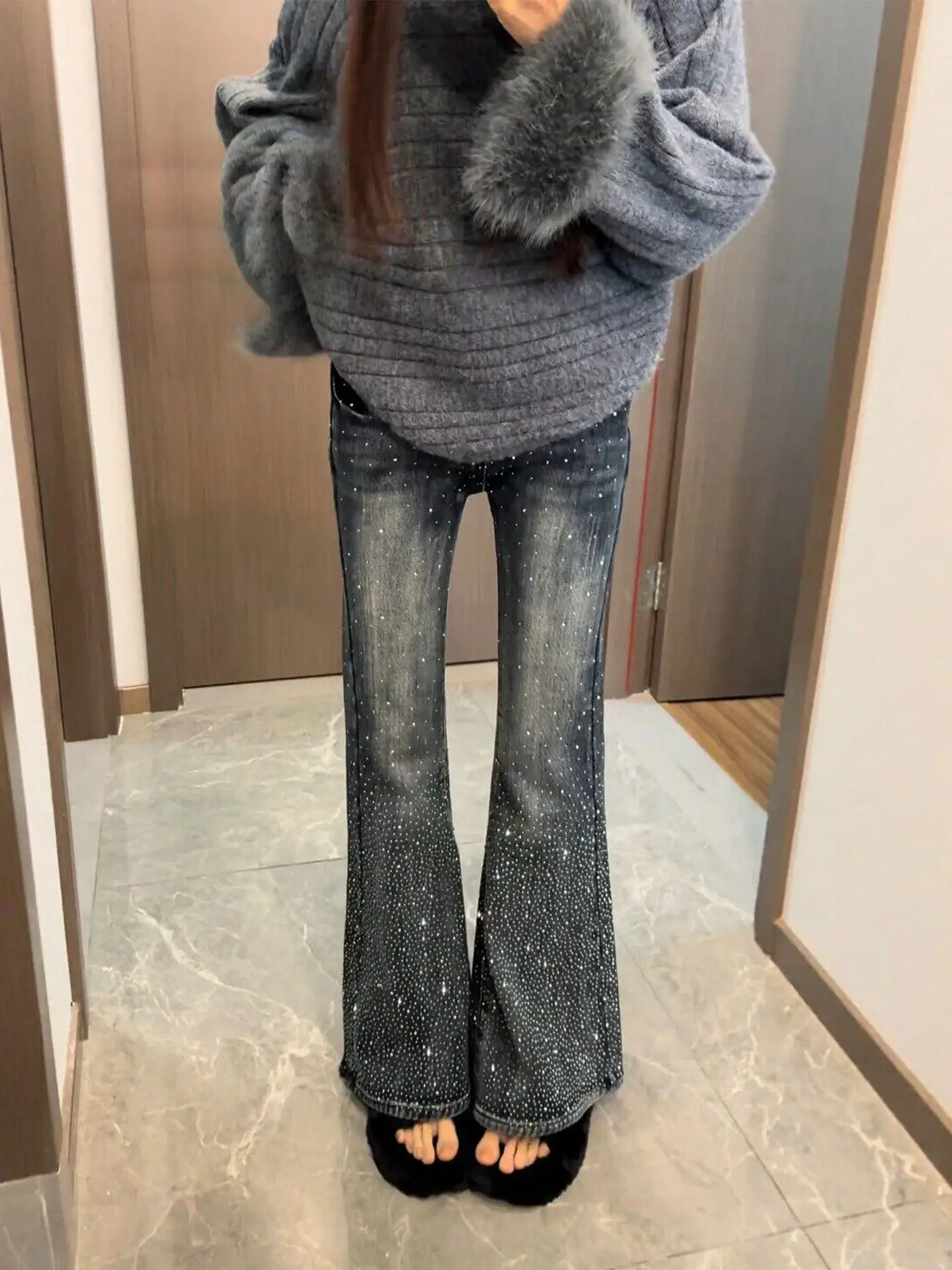 High Waist Slim Fit Stretchy Micro Flared Denim Jeans Spring Season Diamond Embellished Tightening Hip Enhancing Floor Length...