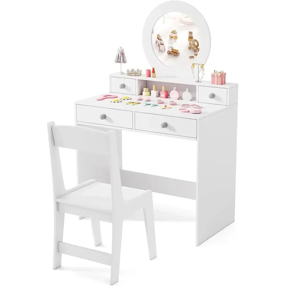 Children's Makeup Vanity Table Set with Mirror, Stool, and Storage Drawers for Pretend Play (White)