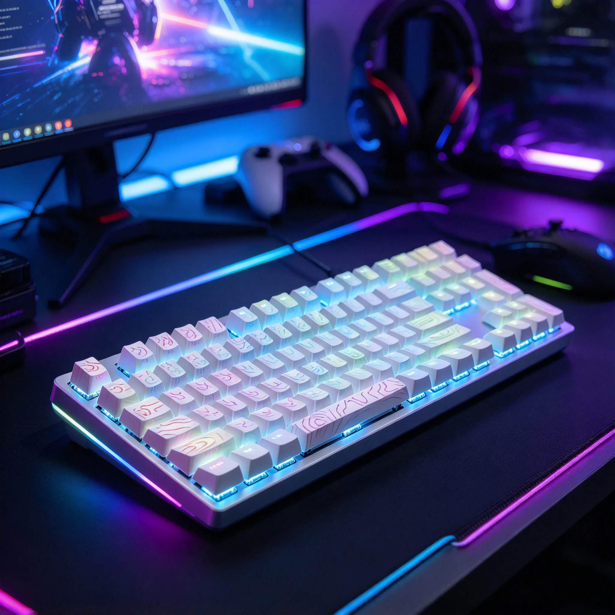 PBT Keycaps Set Mechanical Keyboard Keycaps Side Printed Double Shot RGB Backlit Shine Through Cartoon Keycaps Anti Oil 97/133