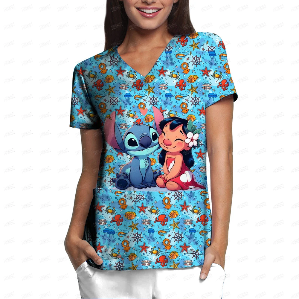 

Disney Stitch Print Nurse Uniform V-Neck Pocket Medical Uniforms Starfish Nursing Scrubs Tops Workear Uniforme Enfermera Y2k