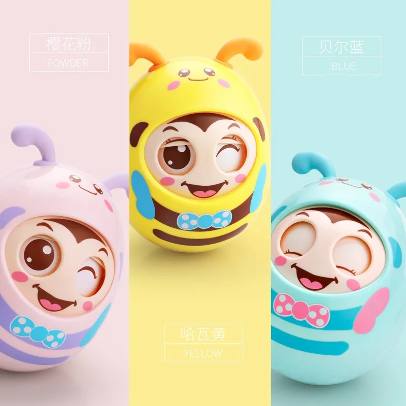 ZK30 Baby Tumbler Rattles Toys Cartoon Mobile Bee Bell Blink Eyes Tumbler Roly-poly Silicone Ear Teether Toys for Newborns Gifts