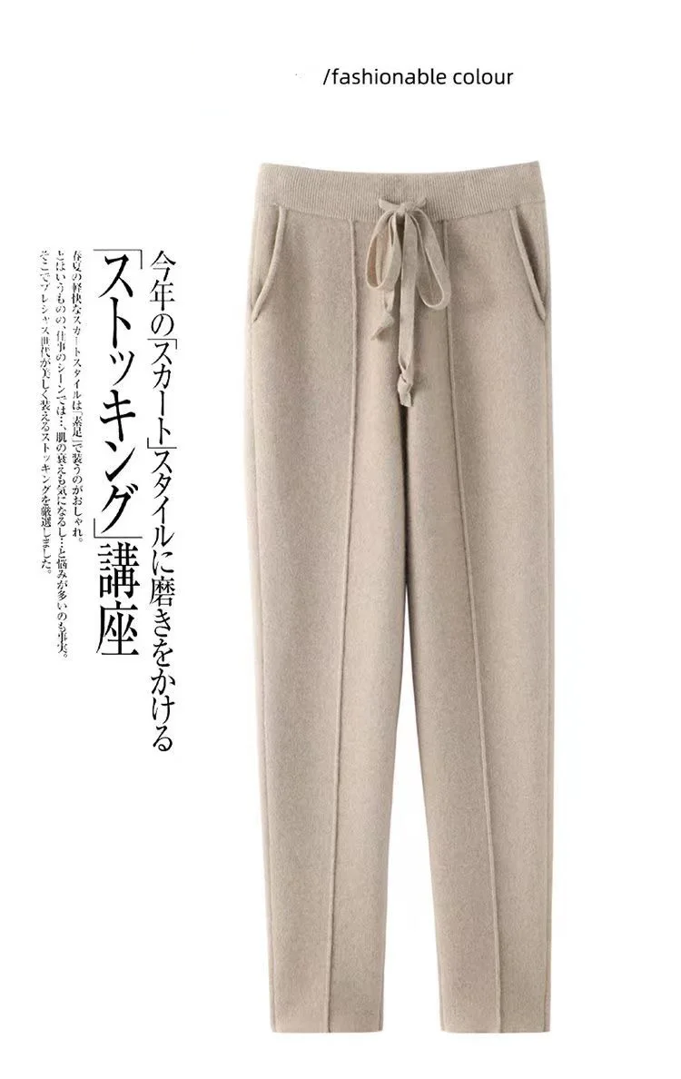 Women's 100% Pure Wool Slim Pants High Waist Autumn and Winter Cashmere Casual Knitted Pencil Pants Korean Thick Casual pants