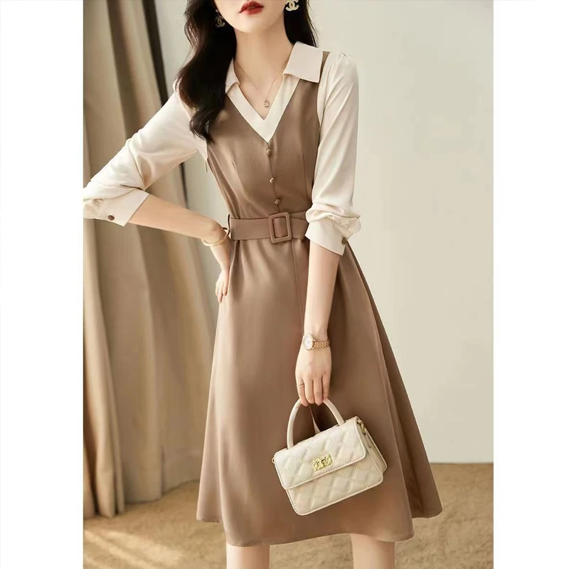 Spring Autumn New Contrast Color Fashion Long Sleeve Midi Dress Women High Street Button Lacing Patchwork Fake Two Pieces Dresse