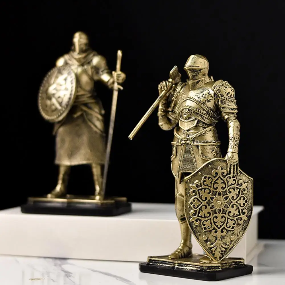 Retro Gold Knight Decor Knight Figurine Resin Statue Handcrafted Armor Shield Decor Vintage Finish for Bookshelf Office Gift