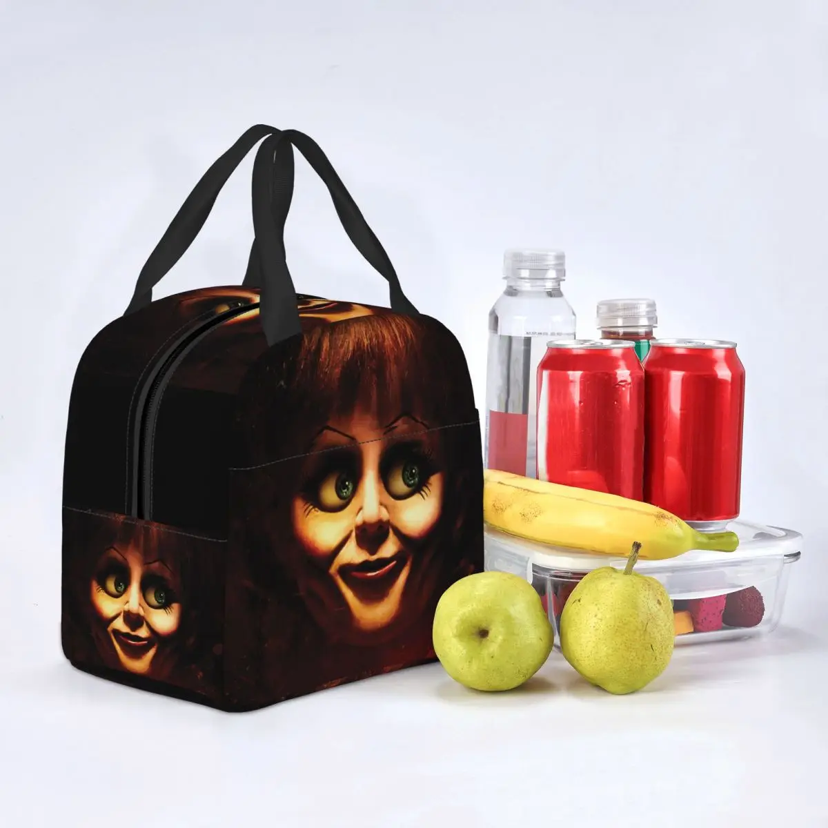 Aangepaste Halloween Annabelle Geïsoleerde Lunch Tas Voor Vrouwen Draagbare Horror Film Karakter Thermisch Koeler Bento Box Picknick Draagtas