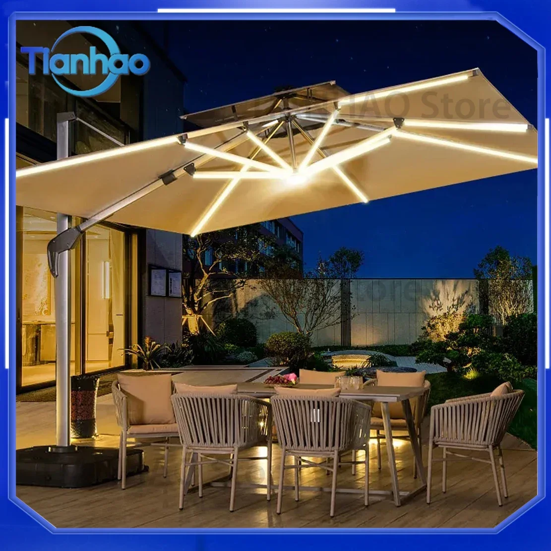 Large Garden Parasol for Beach Patio Picnic Outdoor Umbrella with Patterned Design LED Light and Solar Base Wholesale