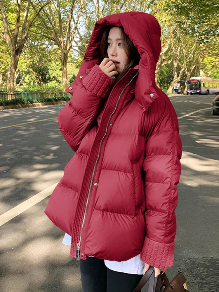 

Рождественские красные теплые парки женские винтажные милые пышные пальто с длинными рукавами повседневная американская ретро женская зимняя толстая куртка с капюшоном новая