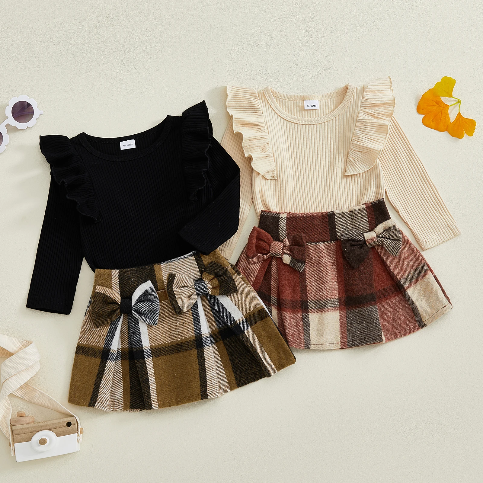 0-4Y Fashion Girls Autumn 2PCS Skirt Outfits Flying Sleeve Solid Color Shirt Tops A-line Plaid Skirt Set Girs Clothing